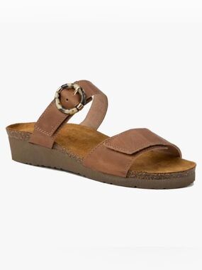 Naot ANABEL Caramel Brown Leather Tortoise Shell Circle Buckle Slide Sandals